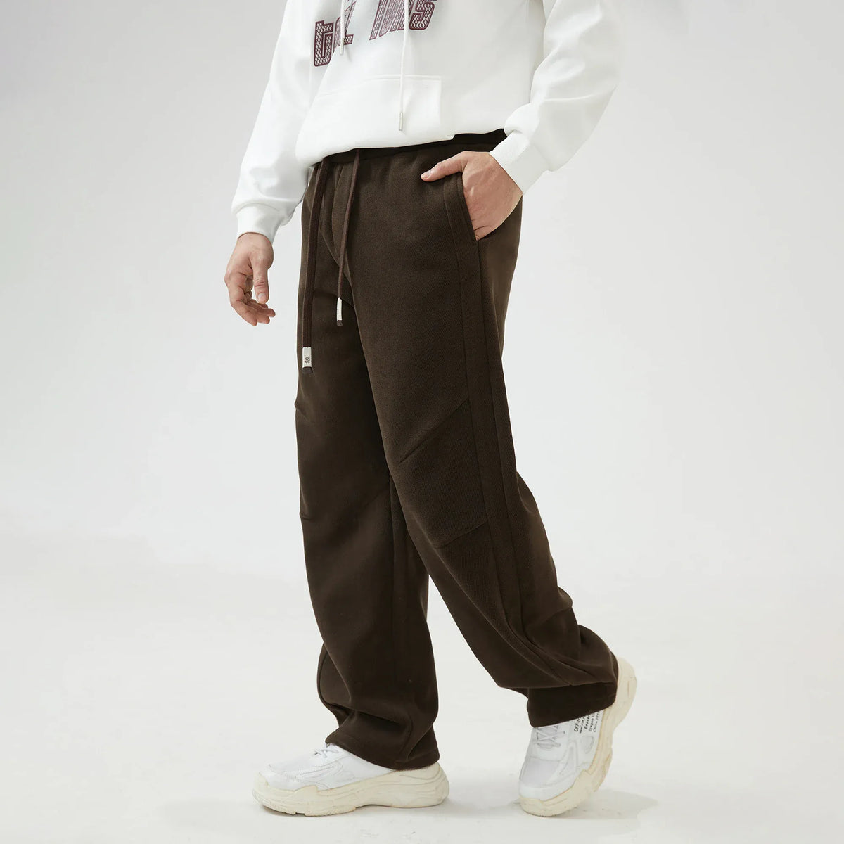 Dark Brown Baggy Mid-Wiast Solid Pants for Men Image