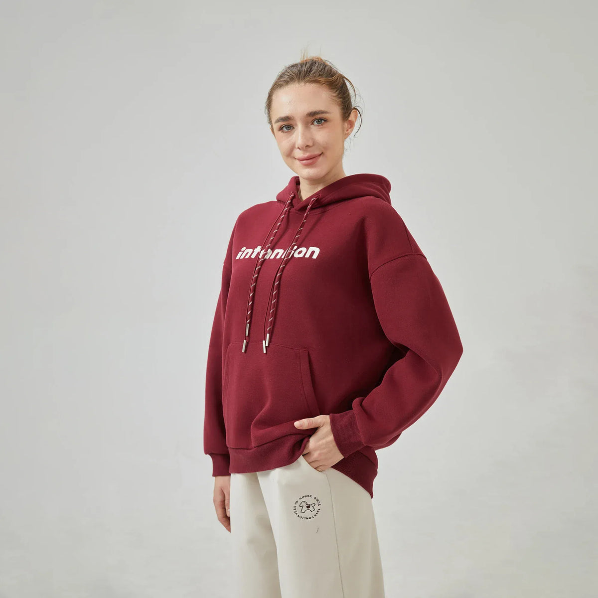 Maroon Embroidery Loose Drop-Shoulder Hoodie with With Hood for Women Image
