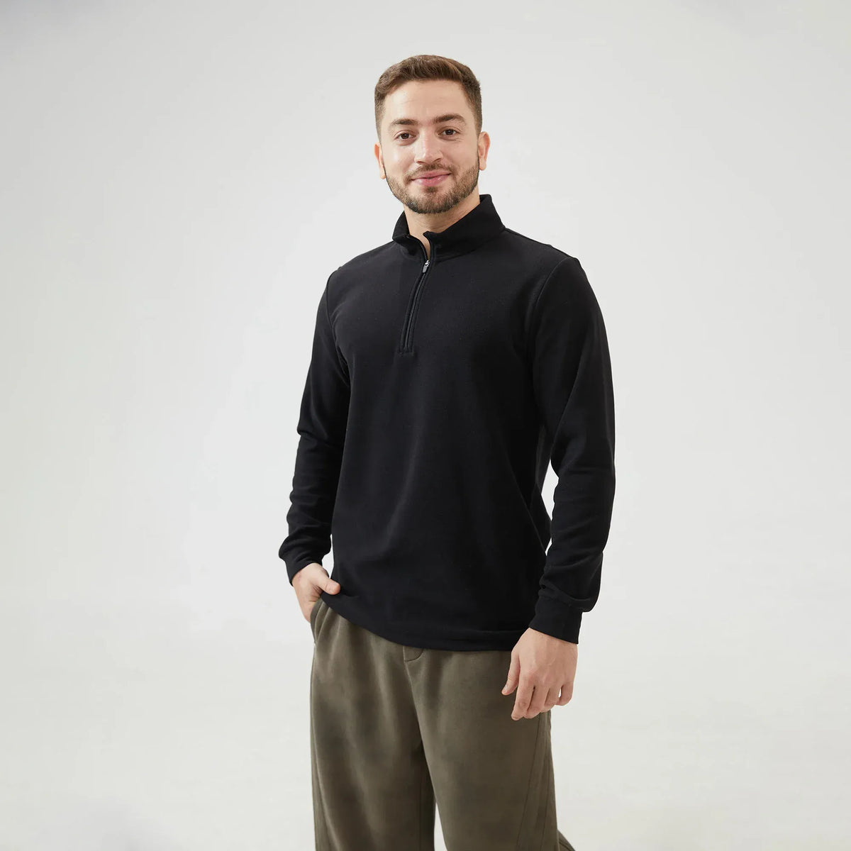 Black Plain Regular Sleeve Sweatshirt with Stand Collar for Men Image