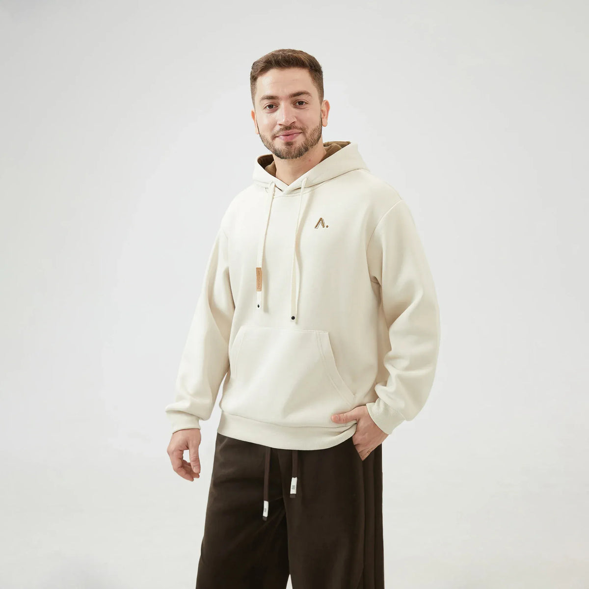 Light Khaki Embroidery Loose Drop-Shoulder Hoodie with With Hood for Men Image