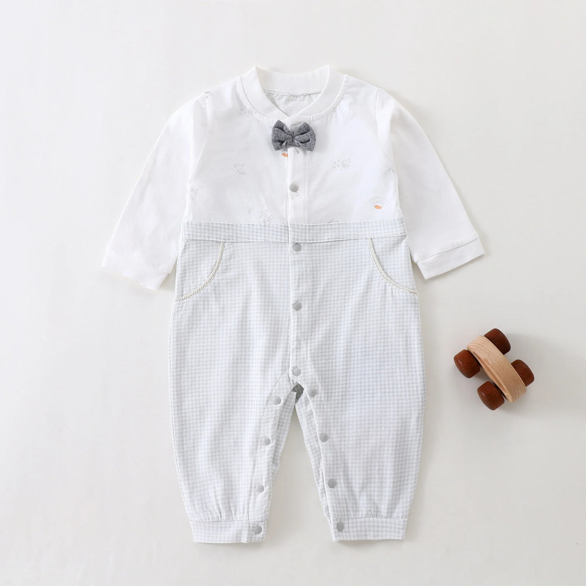 Gray Checked Classic Romper for Baby Boy Image