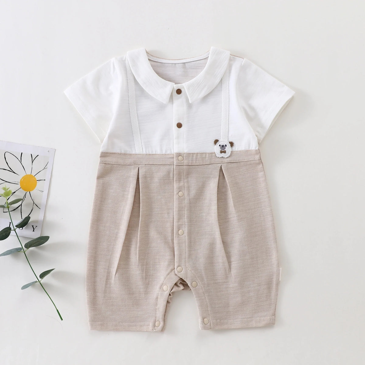 Khaki Color-Blocked Classic Romper for Baby Boy Image