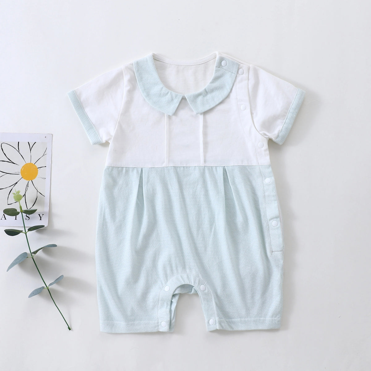 Green Color-Blocked Classic Romper for Baby Boy Image