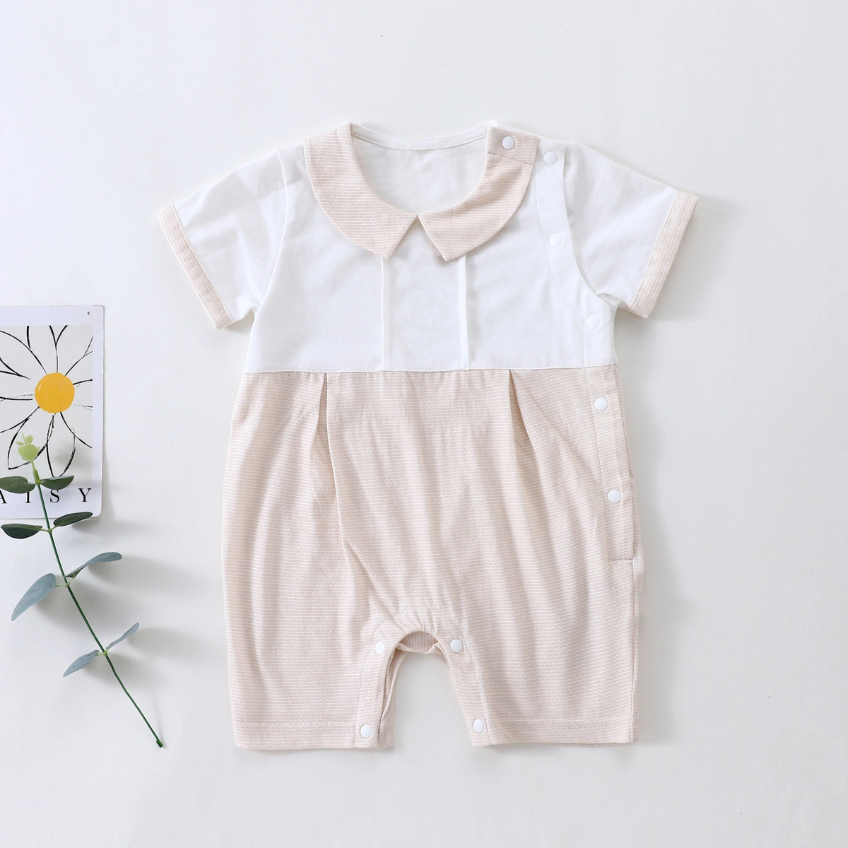 Khaki Color-Blocked Classic Romper for Baby Boy Image