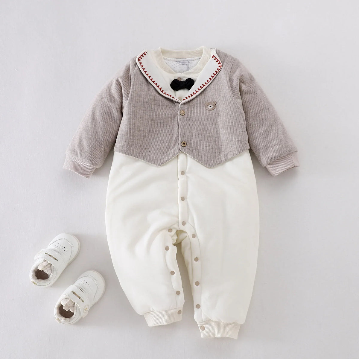 Light Khaki Color-Blocked Pajamas Romper for Baby boy Image