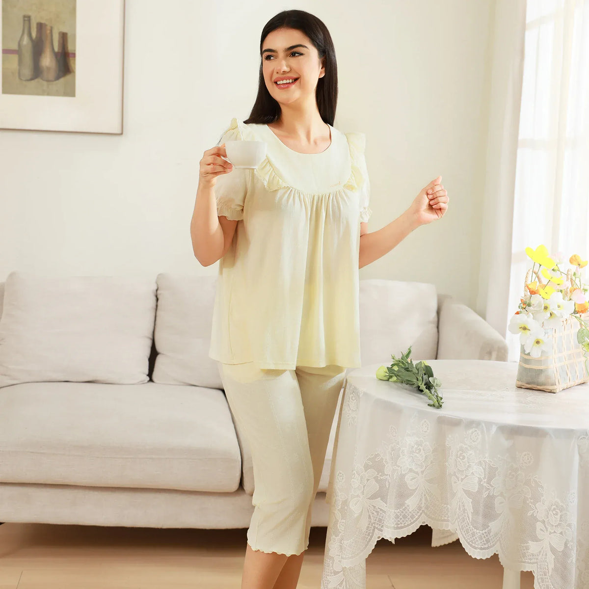 Light Yellow Embroidery Pajama Set 2Pc for Women Image