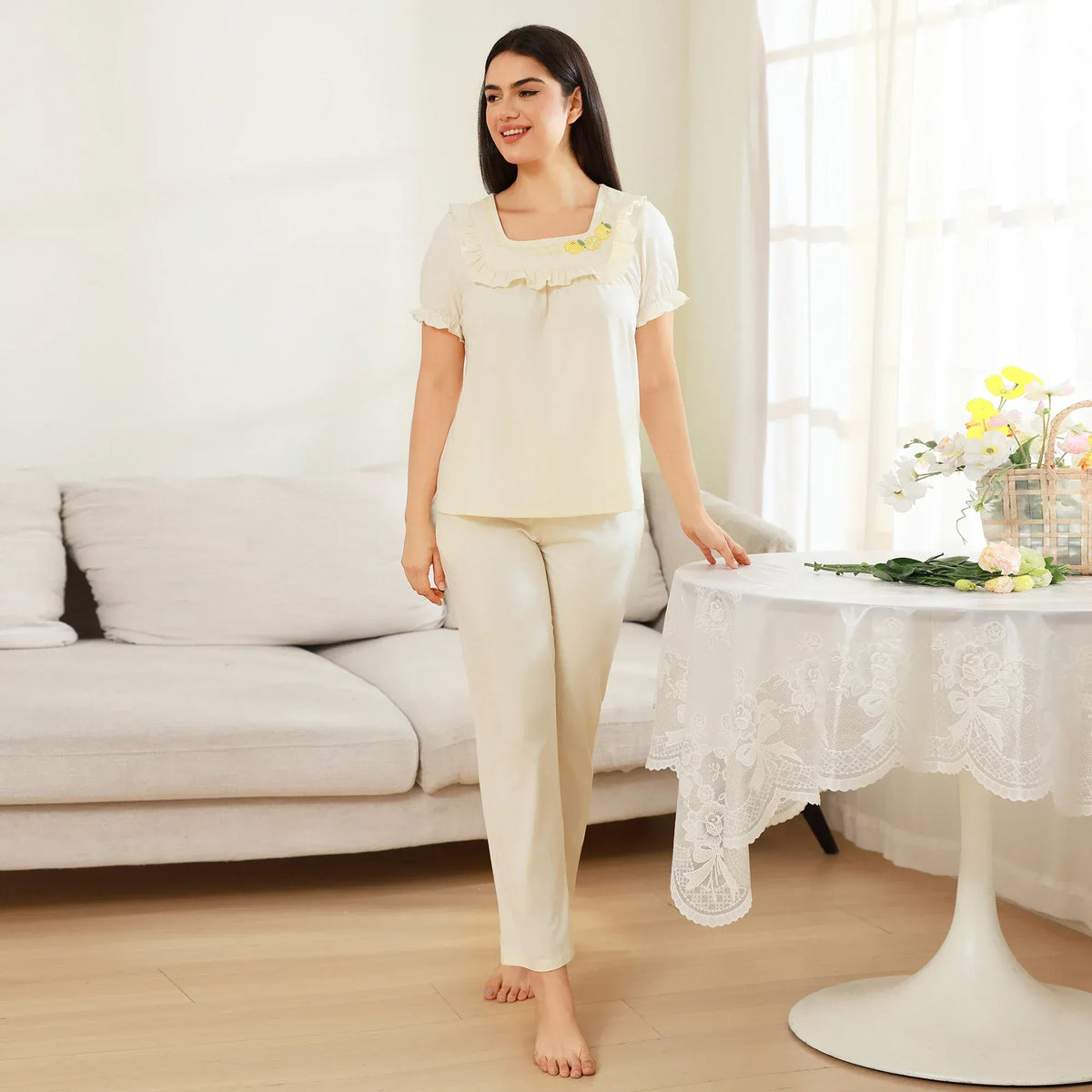 Light Yellow Embroidery Pajama Set 2Pc for Women Image