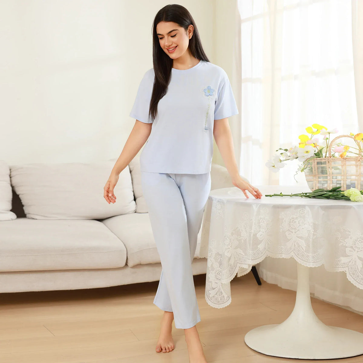 Light Blue Floral Pajama Set 2Pc for Women Image