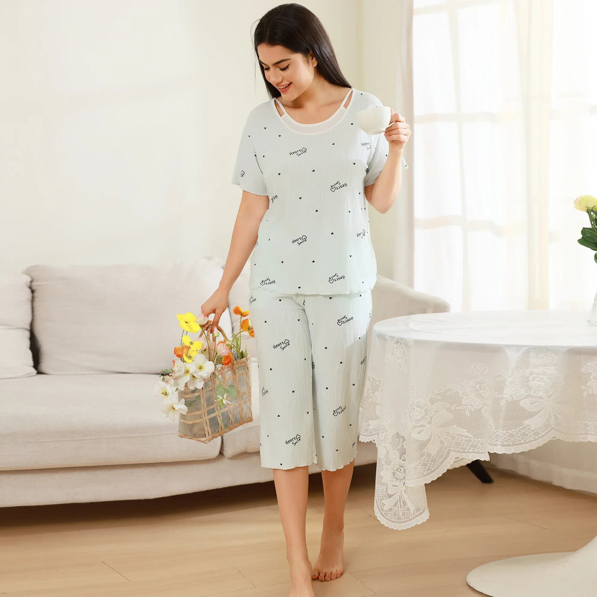 Light Blue Printed Pajama Set 2Pc for Women Image