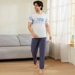 White Blue Printed Pajama Set 2Pc for Men Image