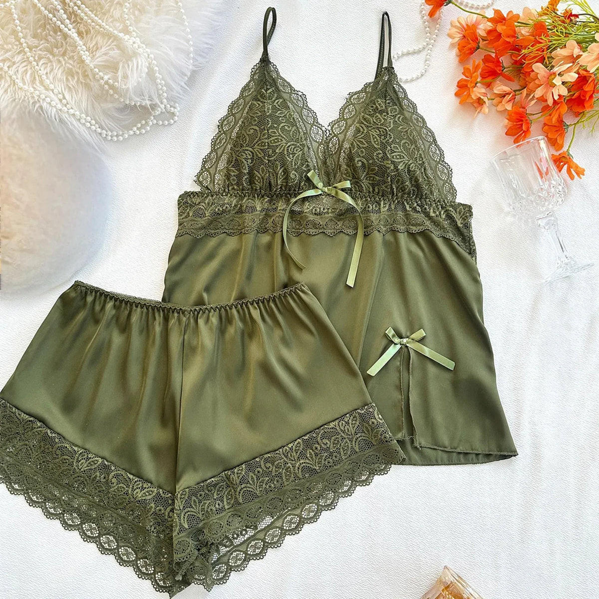 Olive Green Set-2pc Top and Short Lingerie For Women Image
