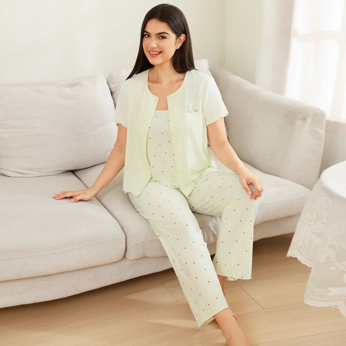 Light Green Printed Pajama Set 3Pc for Women Image