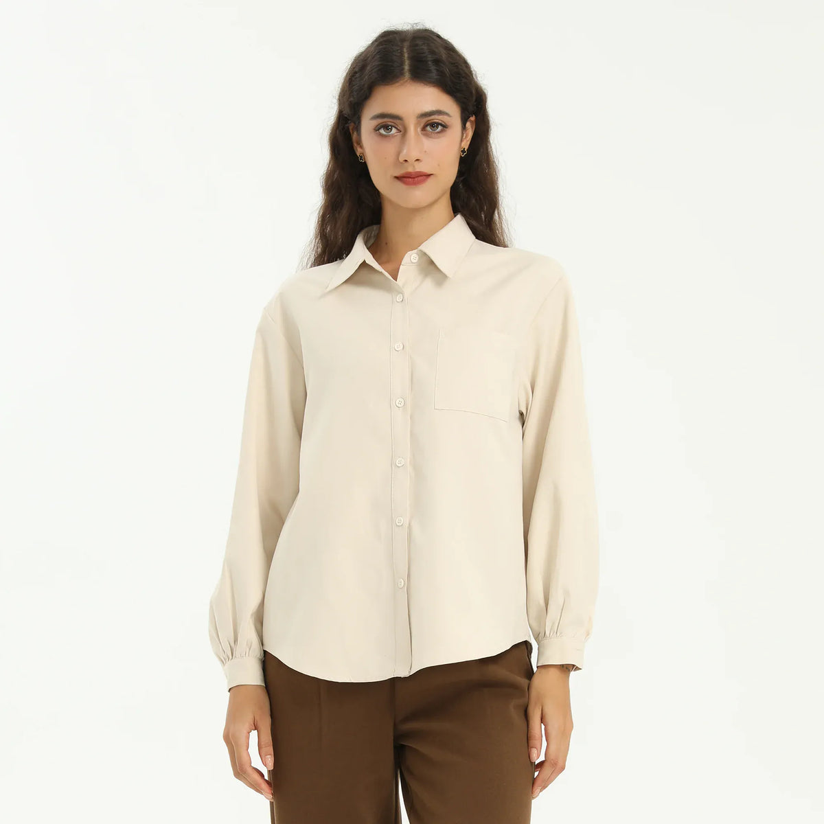 Beige Elegant Plain Shirt for Women Image