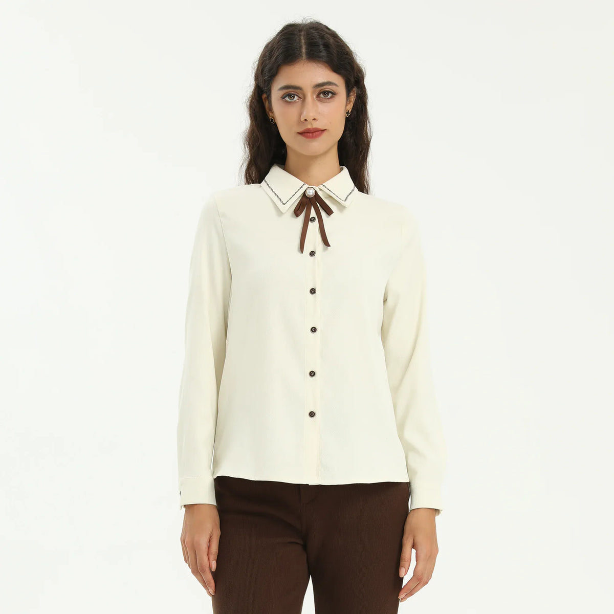 Beige Elegant Embroidery Shirt for Women Image
