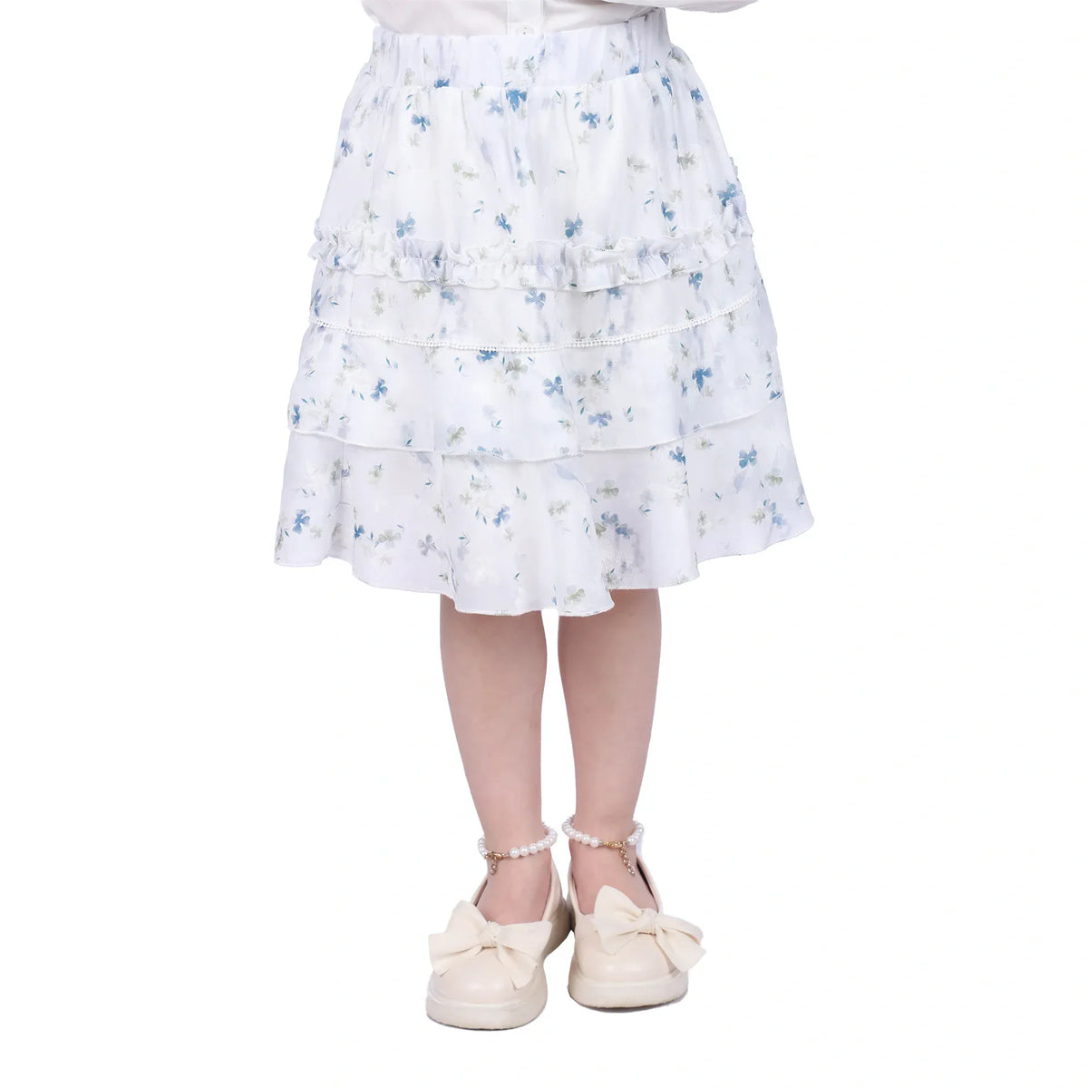 Grey Blue Floral Classic Skirt For Girls Image