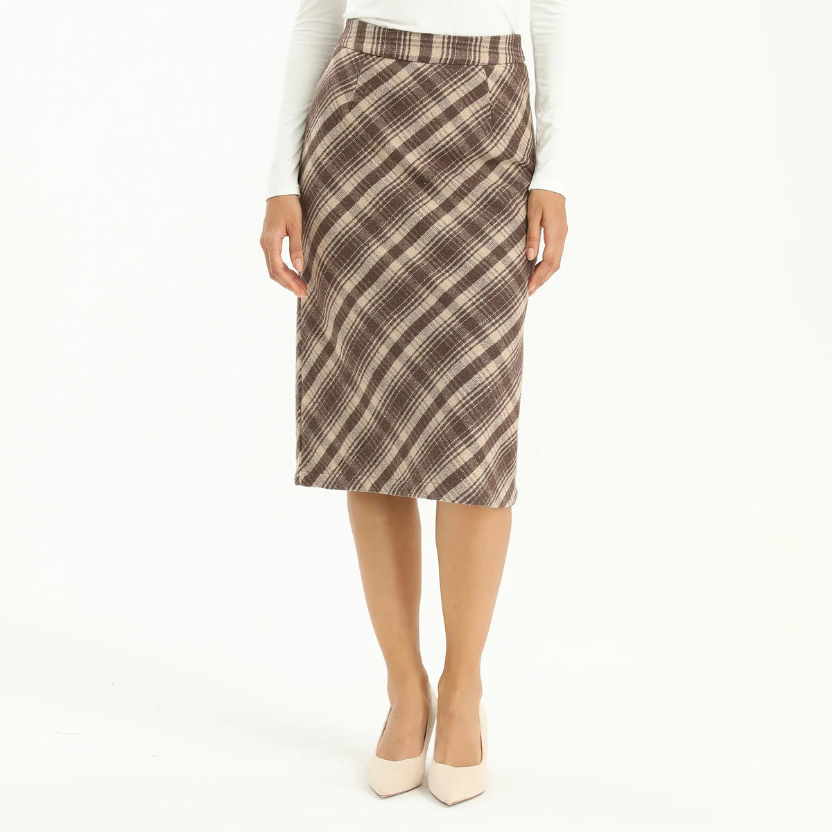 Coffee Elegant Checked Skirt for Women Image