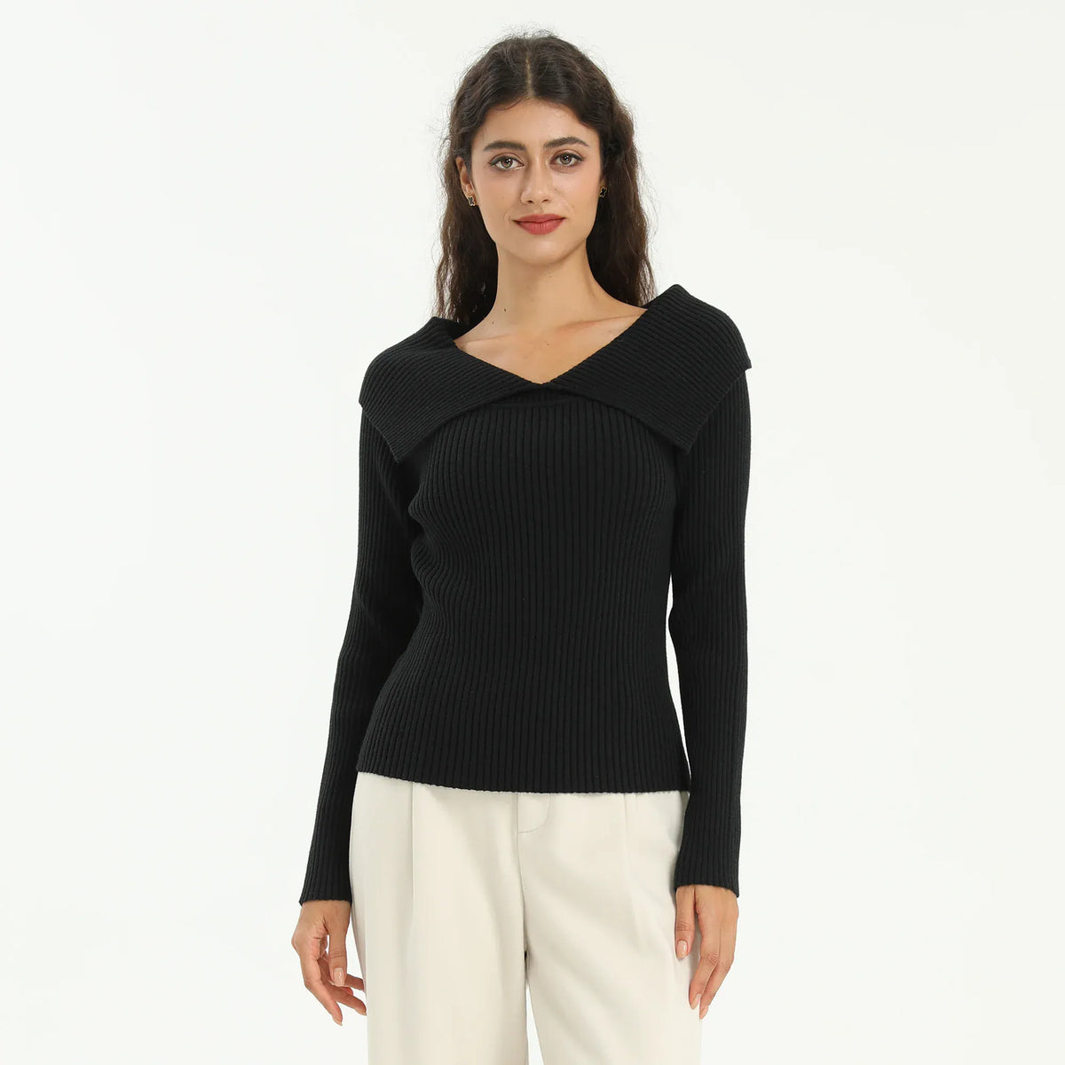 Black Elegant Plain Sweater for Women Image