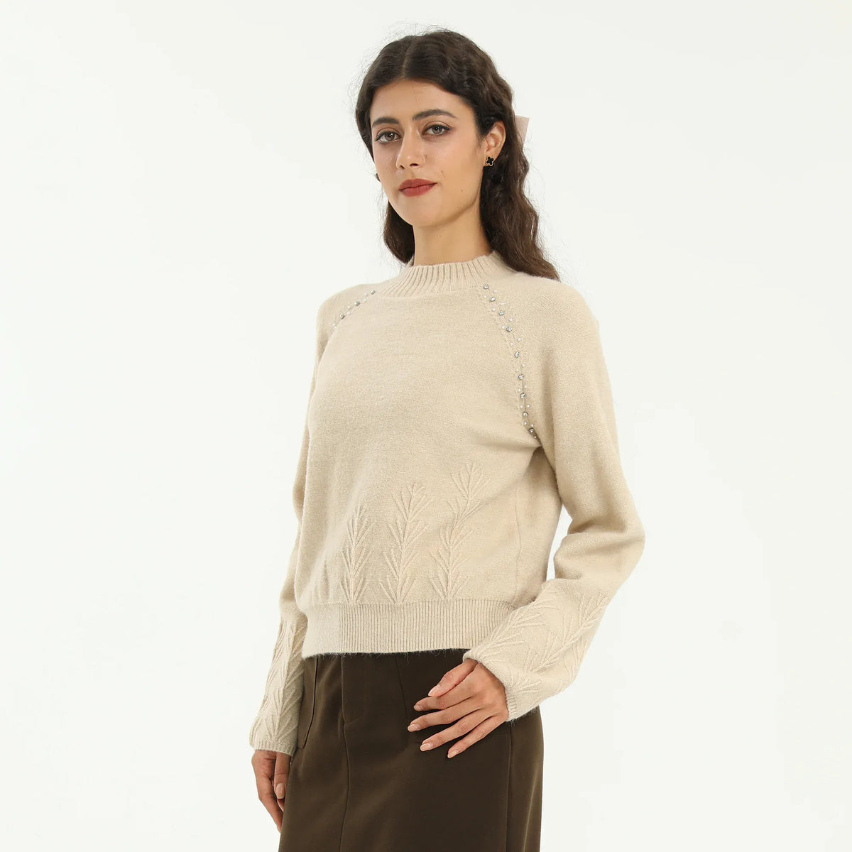 Khaki Elegant Jacquard Sweater for Women Image
