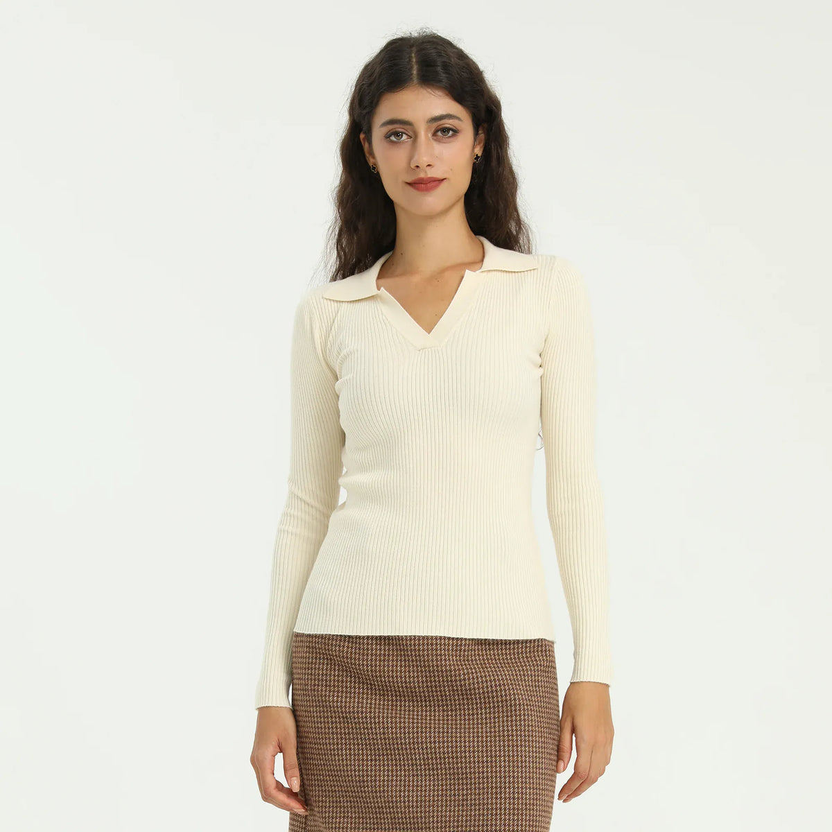 Beige Elegant Plain Sweater for Women Image