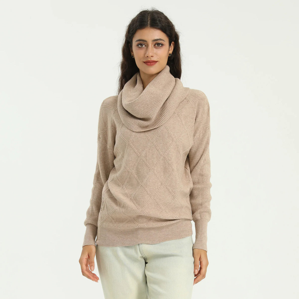 Khaki Elegant Solid Sweater for Women Image