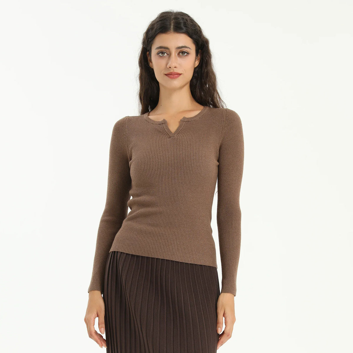 Coffee Elegant Solid Sweater for Women Image