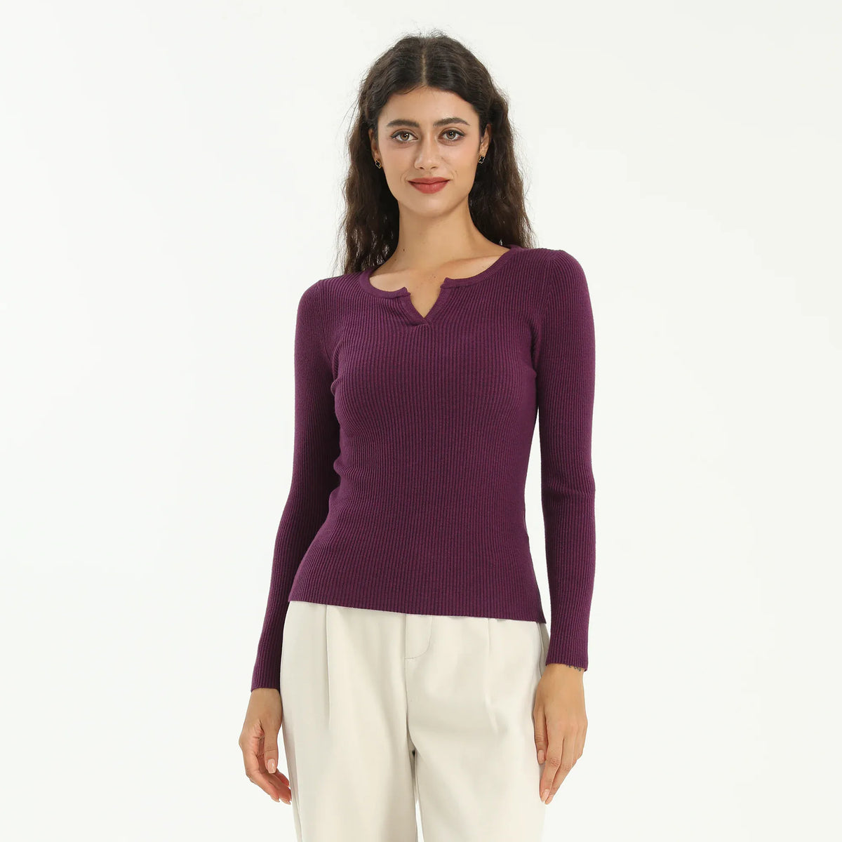 Dark Purple Elegant Solid Sweater for Women Image
