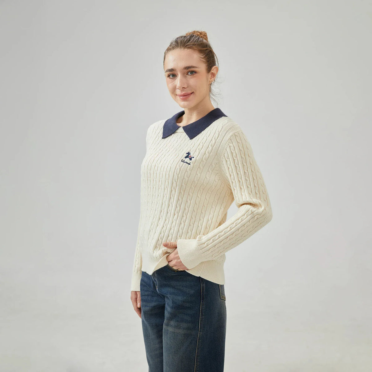 Jacquard Regular Sleeve Sweater with Collar for Women Image
