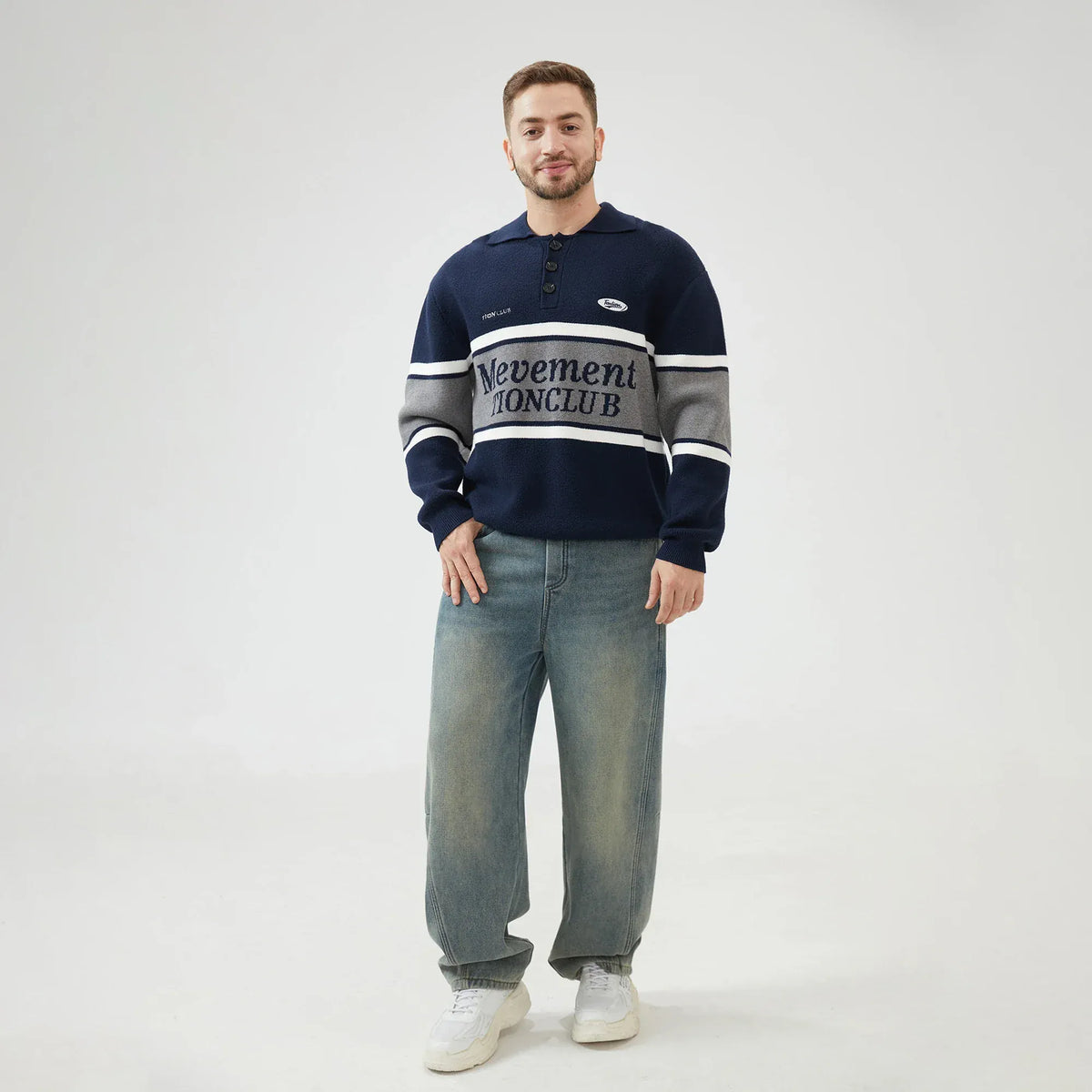 Embroidery Regular Drop-Shoulder Sweater with Collar for Men Image