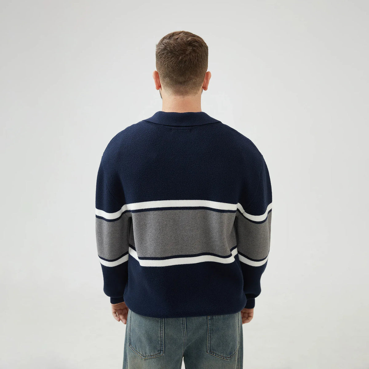 Embroidery Regular Drop-Shoulder Sweater with Collar for Men Image