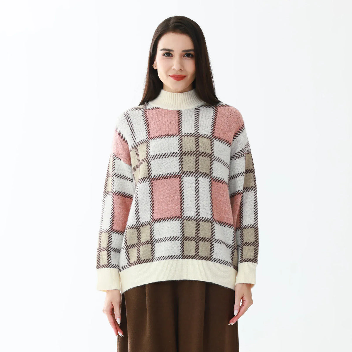 Pink Elegant Checked Sweater for Women Image