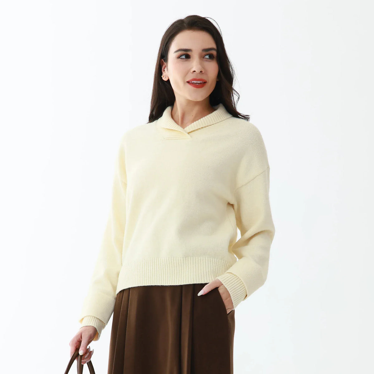 Beige Elegant Plain Sweater for Women Image