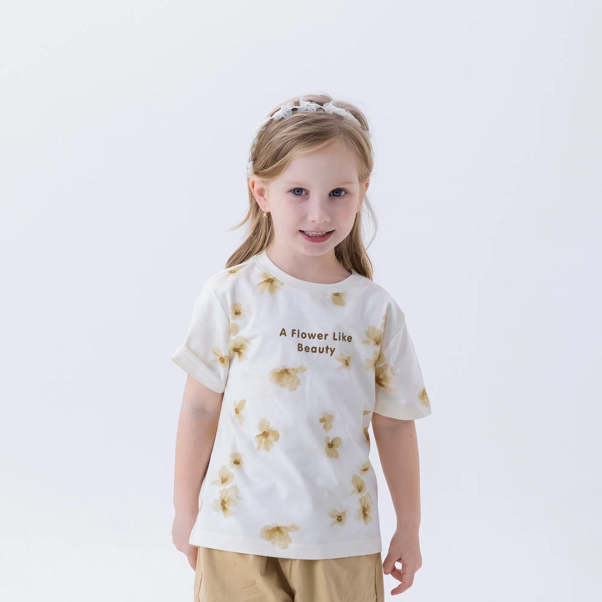 Beige Floral Fashion T.Shirt For Girls Image