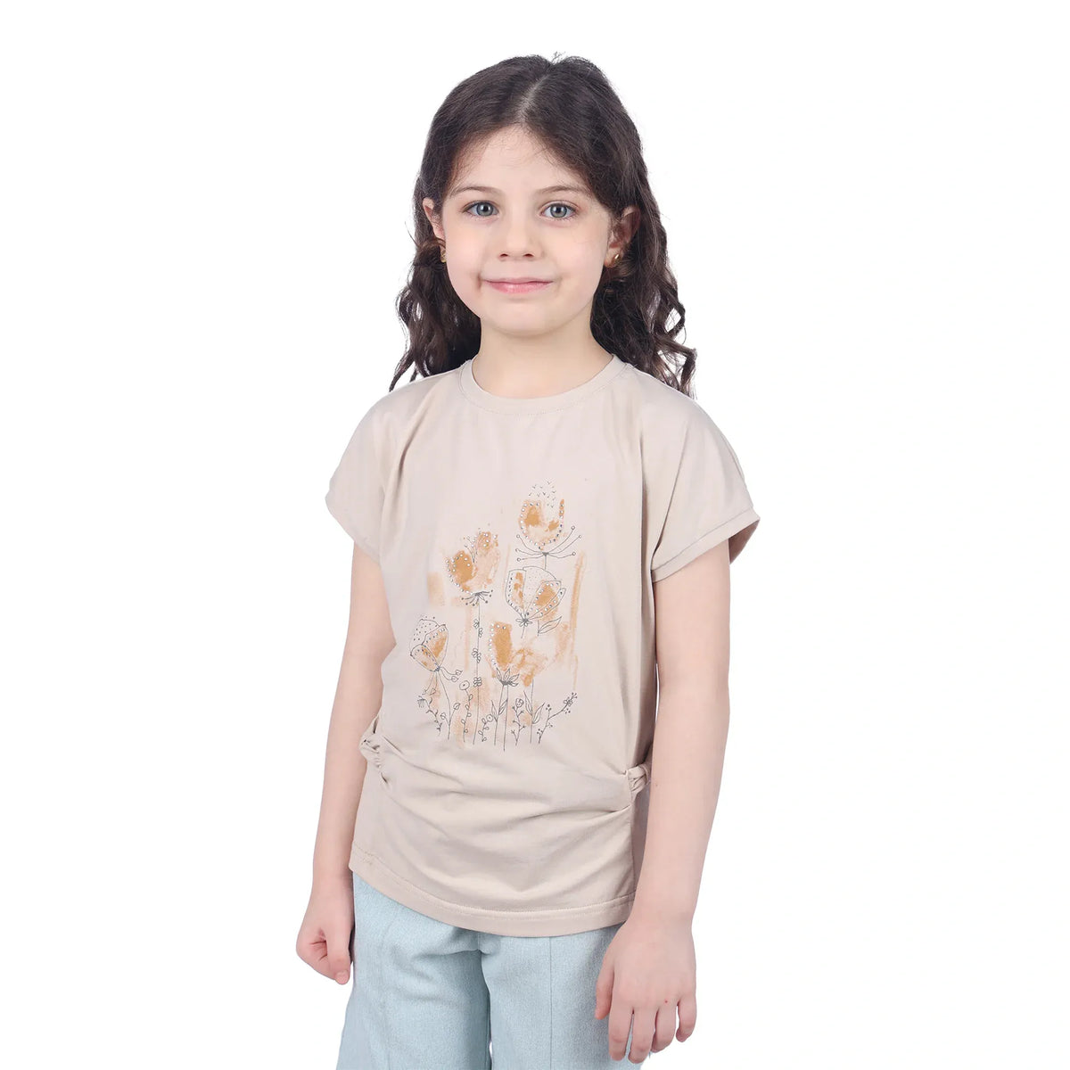 Beige Floral Classic T.Shirt For Girls Image