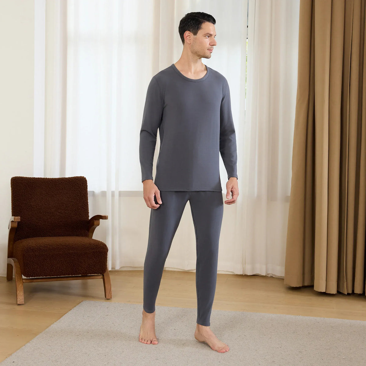 Dark Grey Plain Thermal Set-2Pc for Men Image