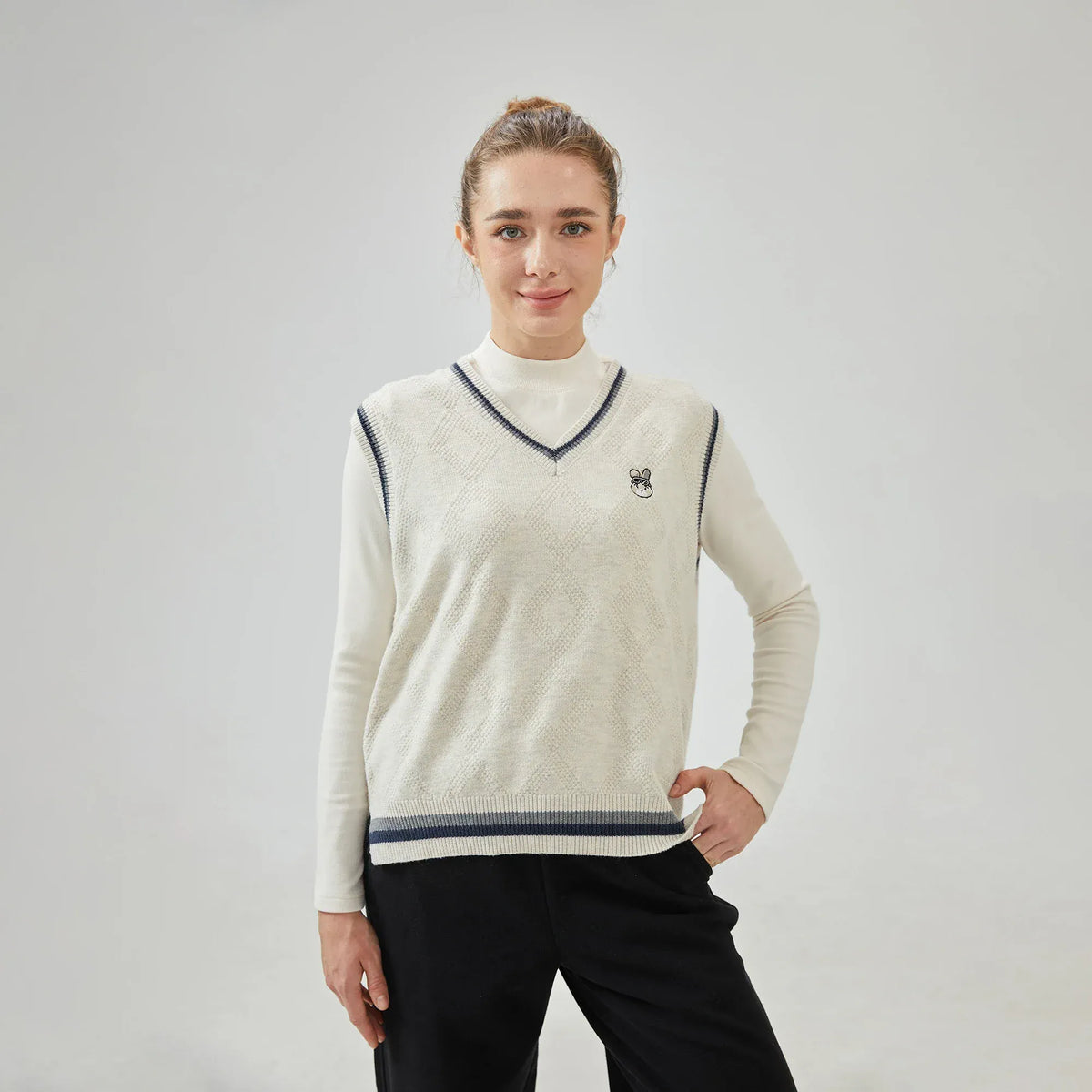 Beige Grey Embroidery Regular Sleevless Waistcoat with V-Neck for Women Image