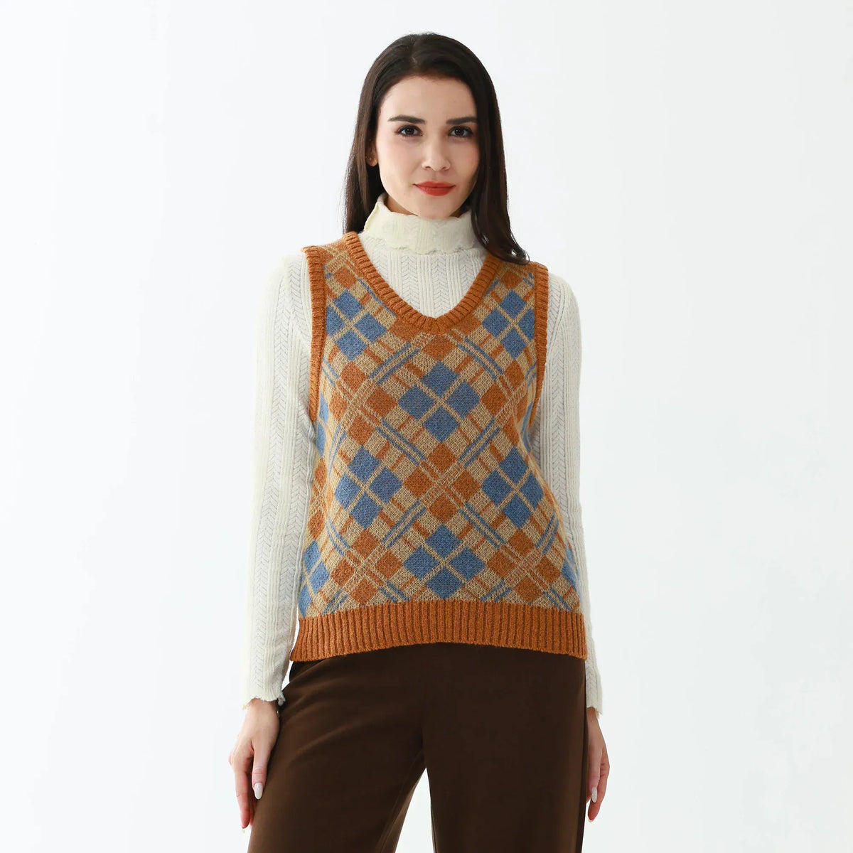 Caramel Elegant Checked Waistcoat for Women Image