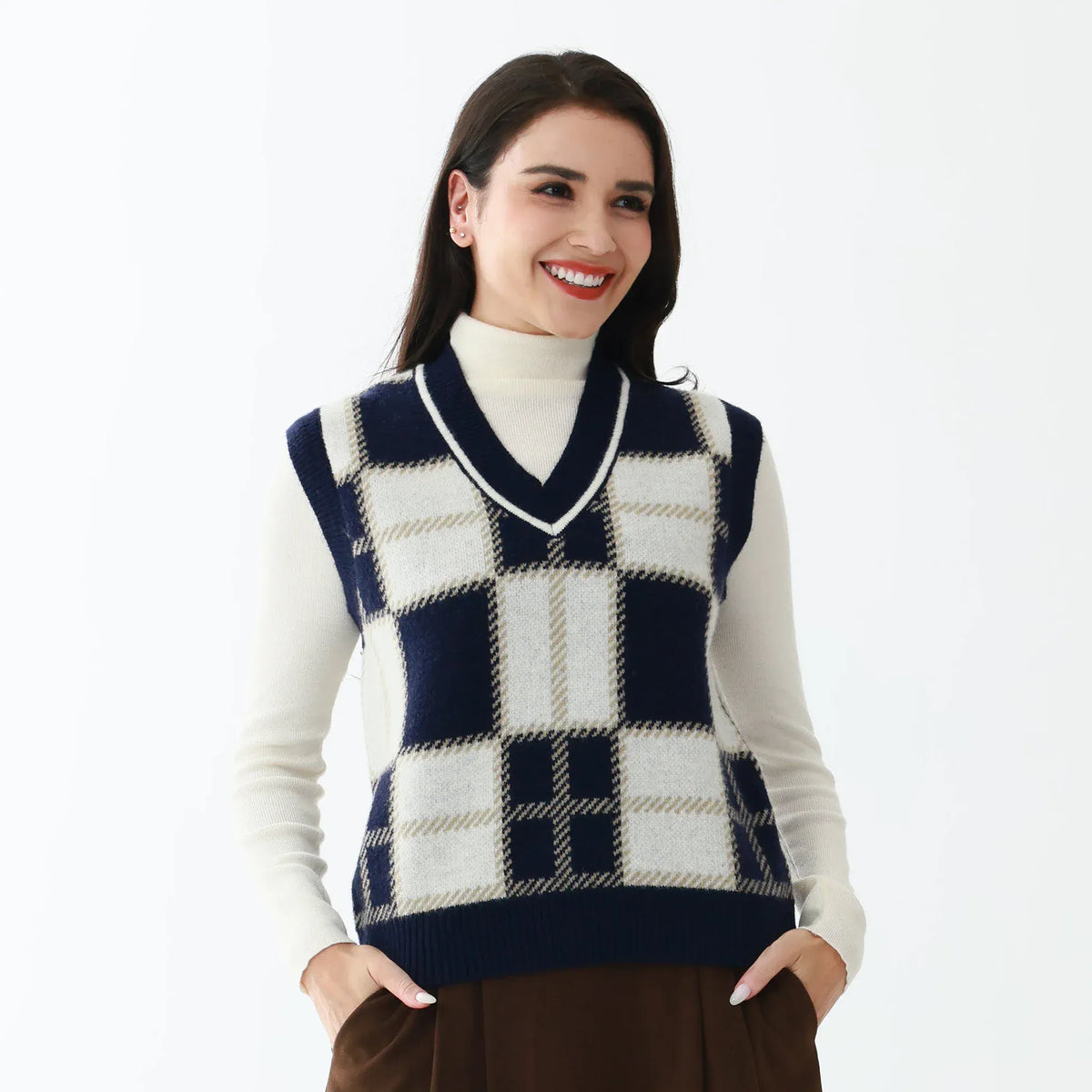 Dark Blue Elegant Checked Waistcoat for Women Image