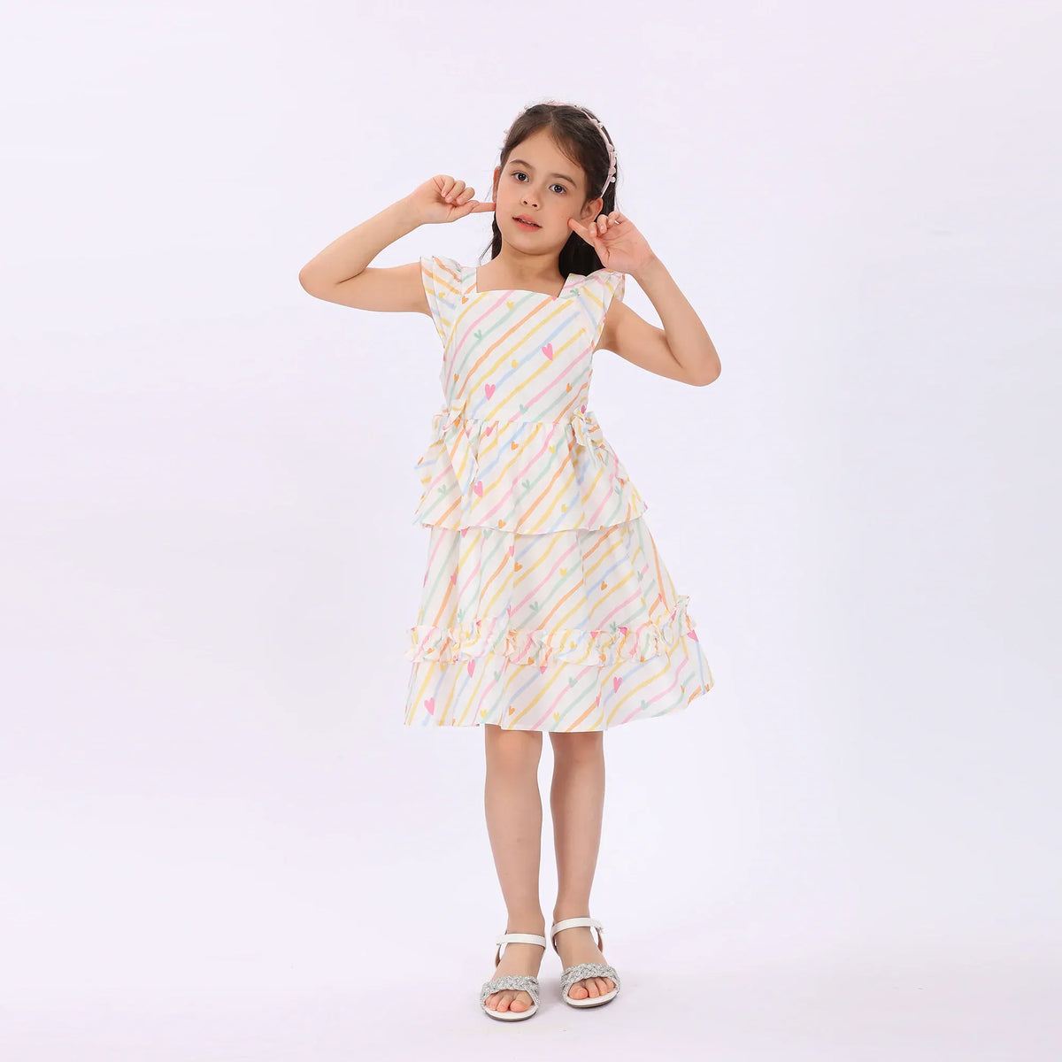 Light Yellow Striped Dress for Girls Image