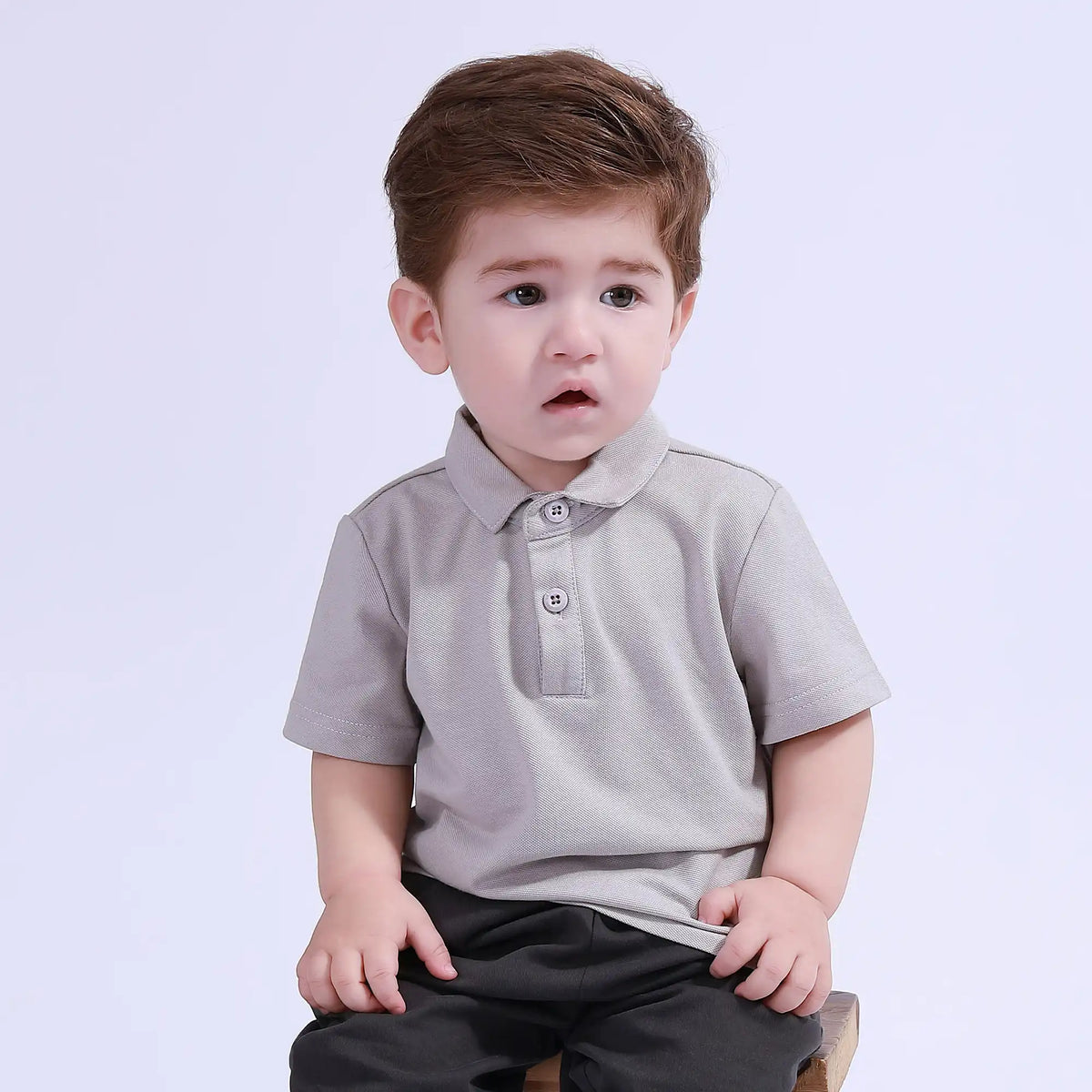 Gray Plain Basic Polo Shirt For Baby Boy Image