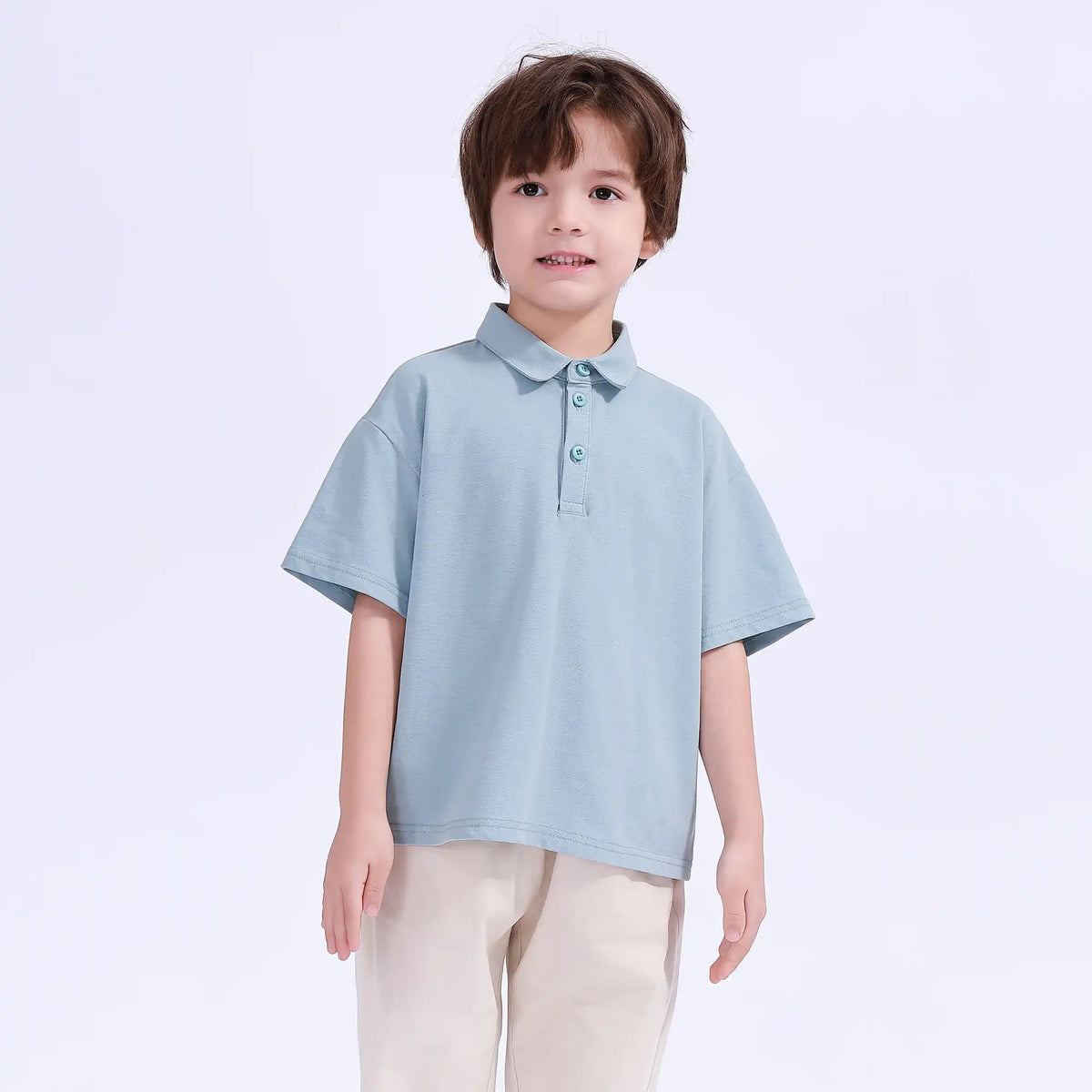 Gray Blue Plain Basic Polo Shirt For Boys Image