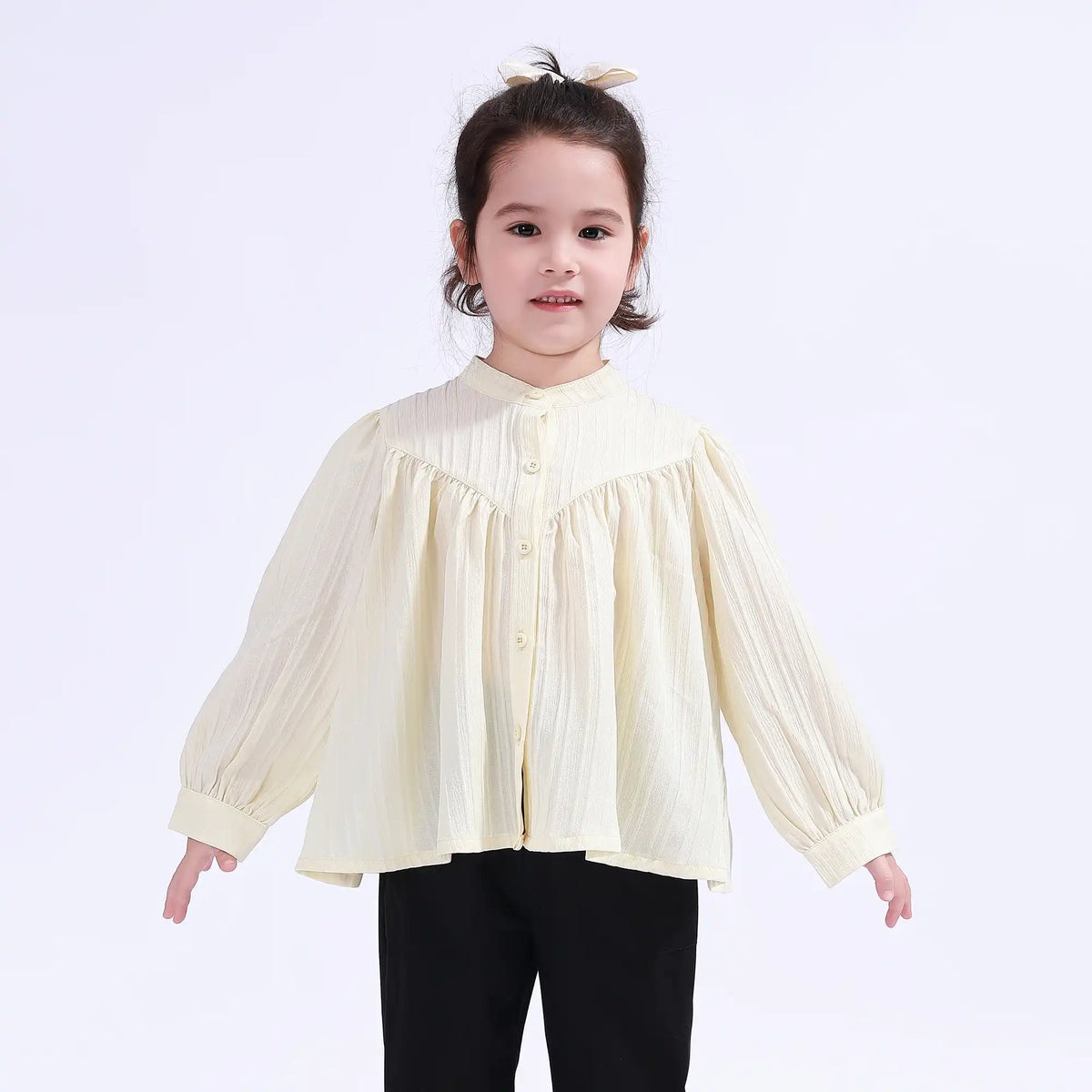 Light Yellow Striped Basic Shirt For Girls Image