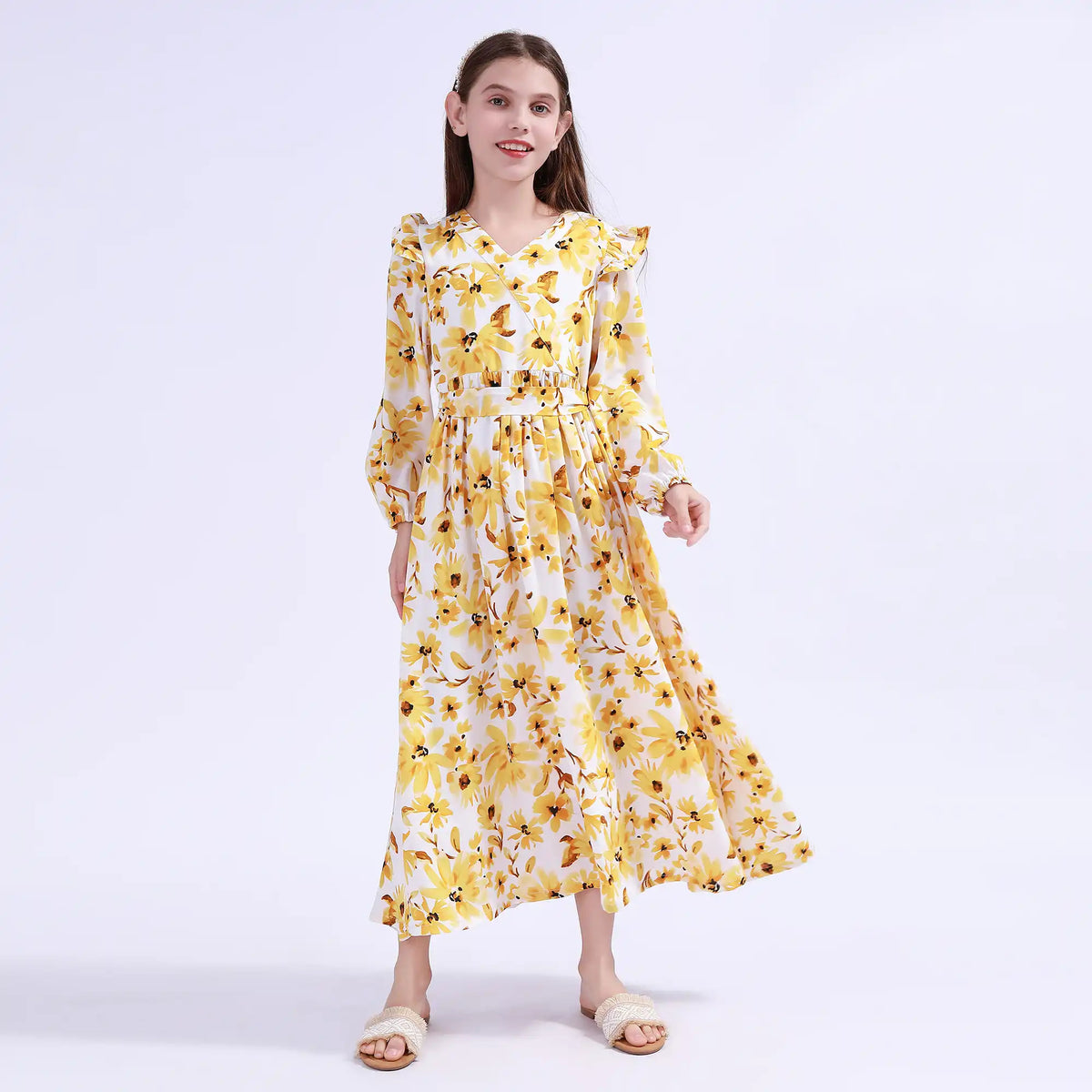 Yellow Floral Galabia For Girls Image