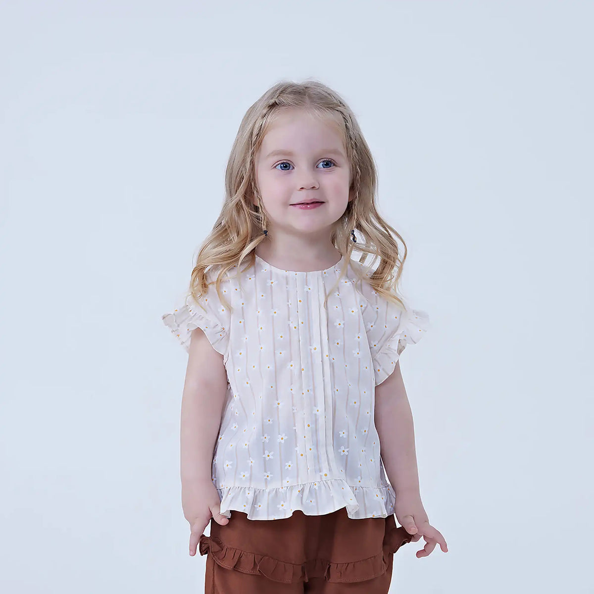 Beige Floral Linen Blouse For Baby Girl Image