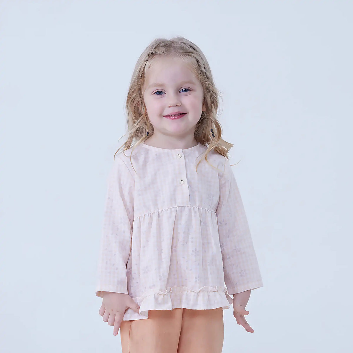 Light Orange Checked Linen Blouse For Baby Girl Image