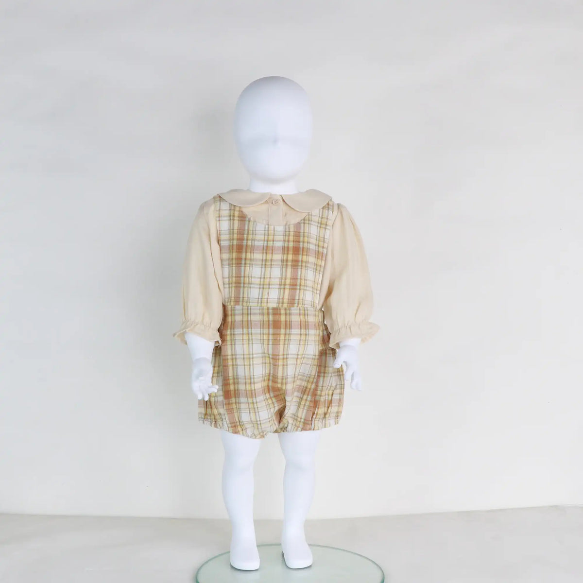 Beige Checked Linen Overalls For Baby Girl Image