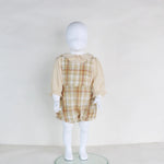 Beige Checked Linen Overalls For Baby Girl Image