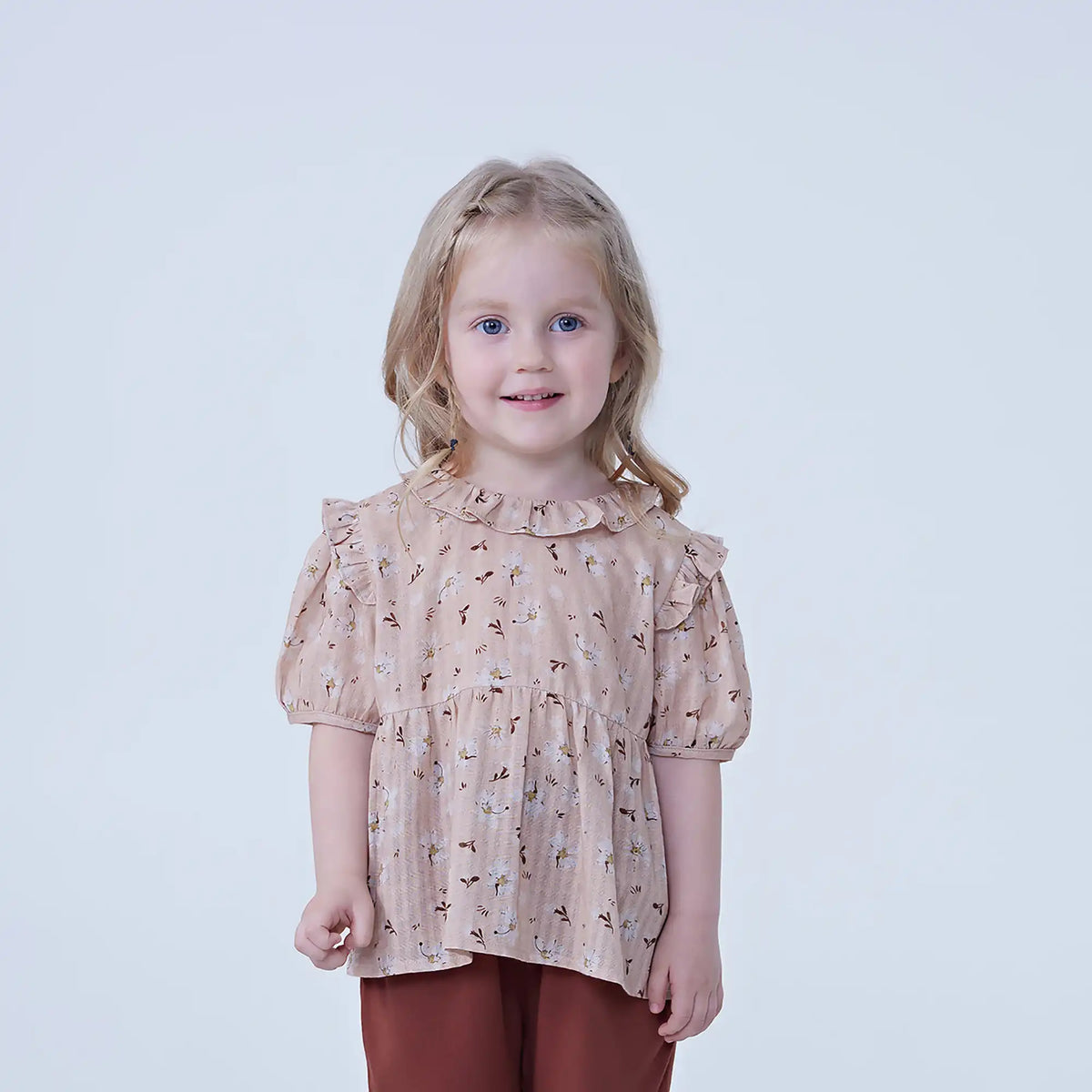 Light Orange Floral Linen Shirt For Baby Girl Image