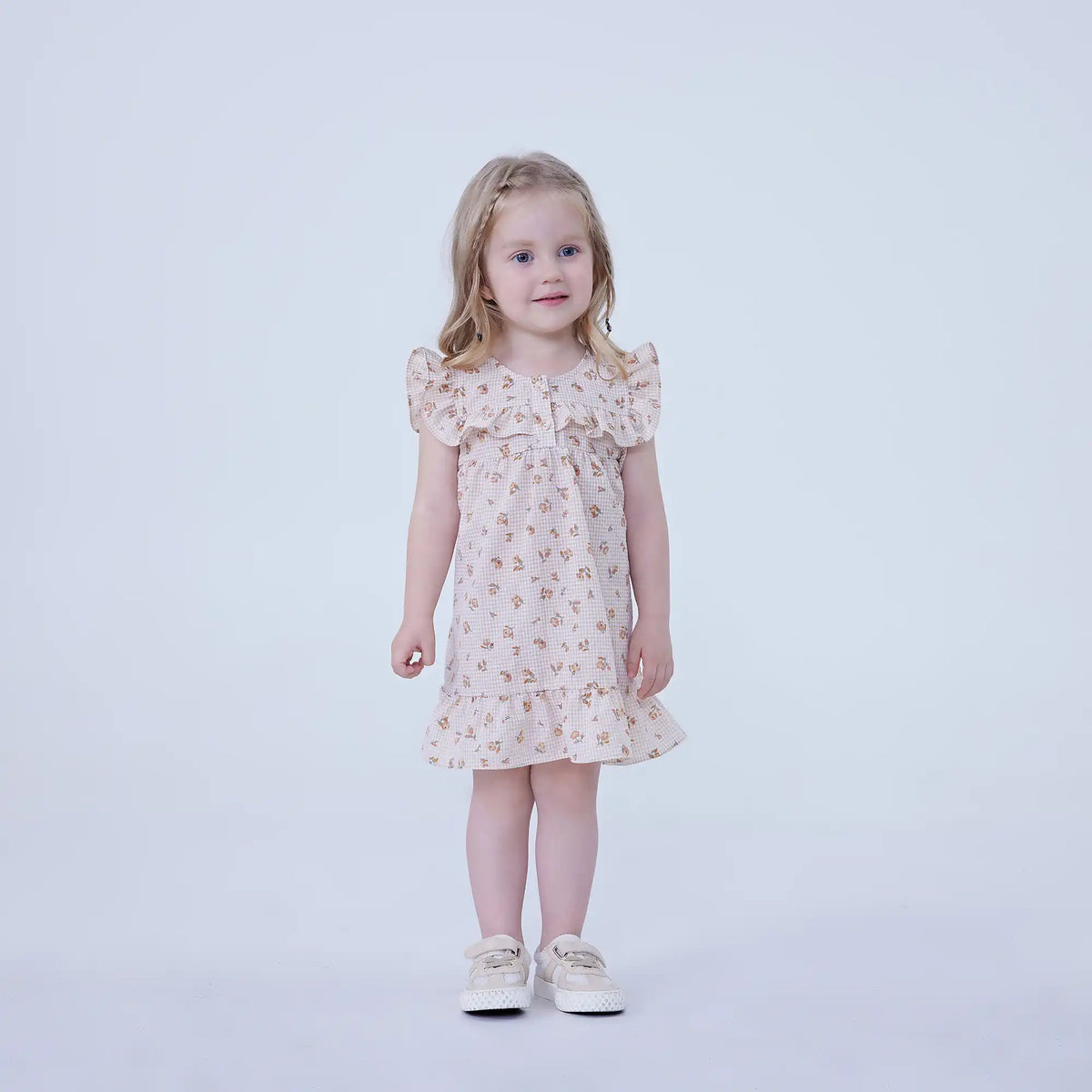 Beige Floral Linen Dress For Baby Girl Image