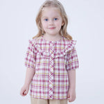 Dark Pink Checked Linen Shirt For Baby Girl Image