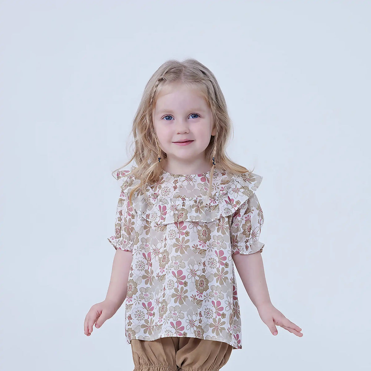 Beige Floral Linen Blouse For Baby Girl Image